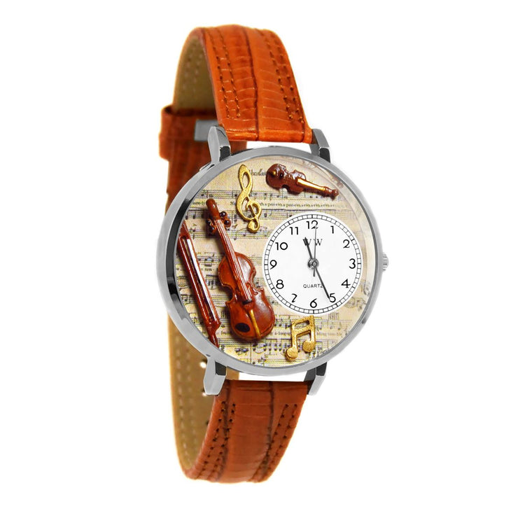 Whimsical Gifts | Violin 3D Watch Large Style | Handmade in USA | Hobbies & Special Interests | Music | Novelty Unique Fun Miniatures Gift | Silver Finish Tan Leather Watch Band