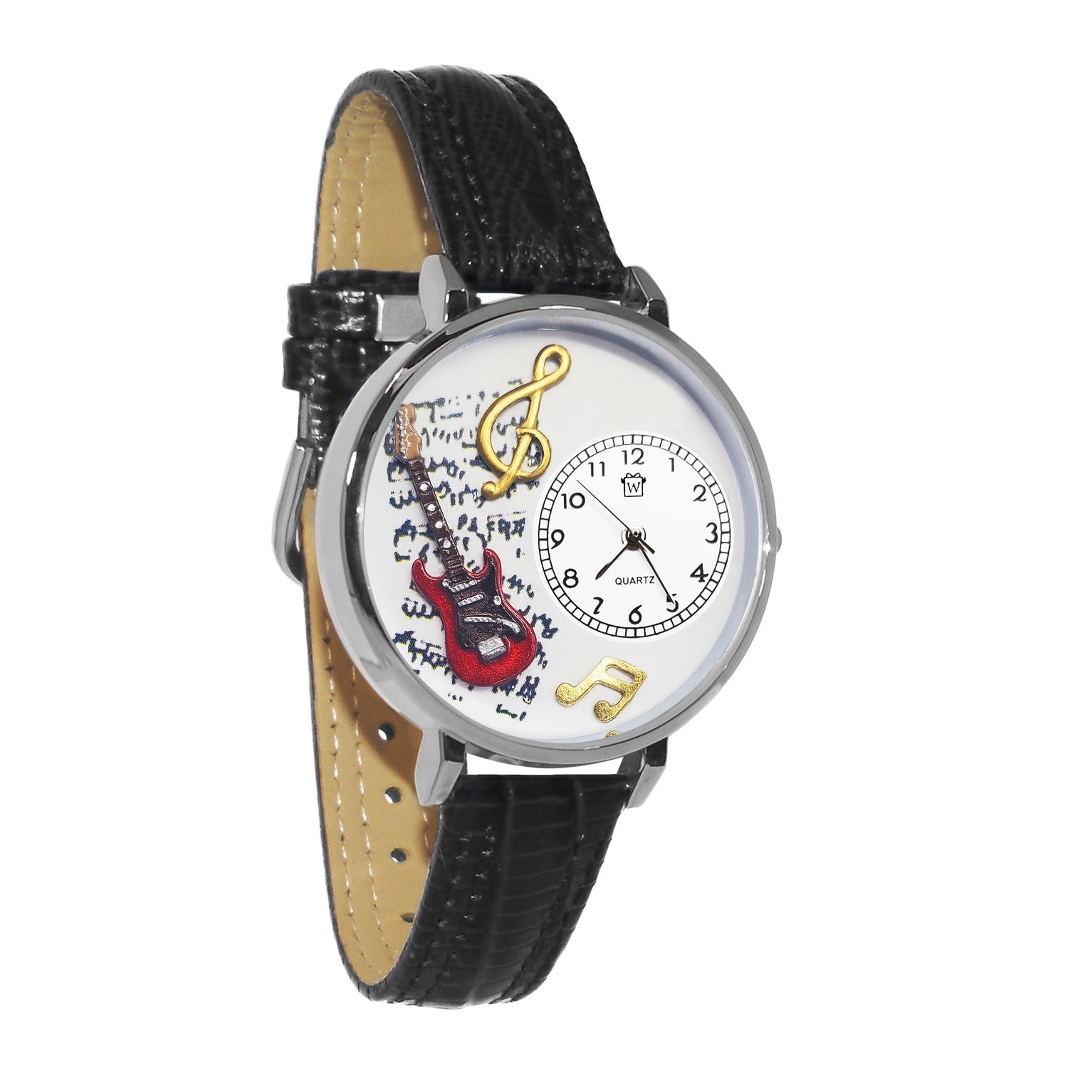 Whimsical Gifts | Electric Guitar 3D Watch Large Style | Handmade in USA | Hobbies & Special Interests | Music | Novelty Unique Fun Miniatures Gift | Silver Finish Black Leather Watch Band