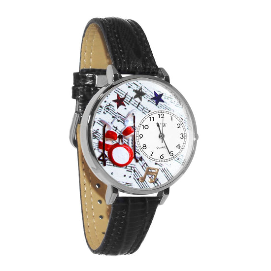Whimsical Gifts | Drums 3D Watch Large Style | Handmade in USA | Hobbies & Special Interests | Music | Novelty Unique Fun Miniatures Gift | Silver Finish Black Leather Watch Band