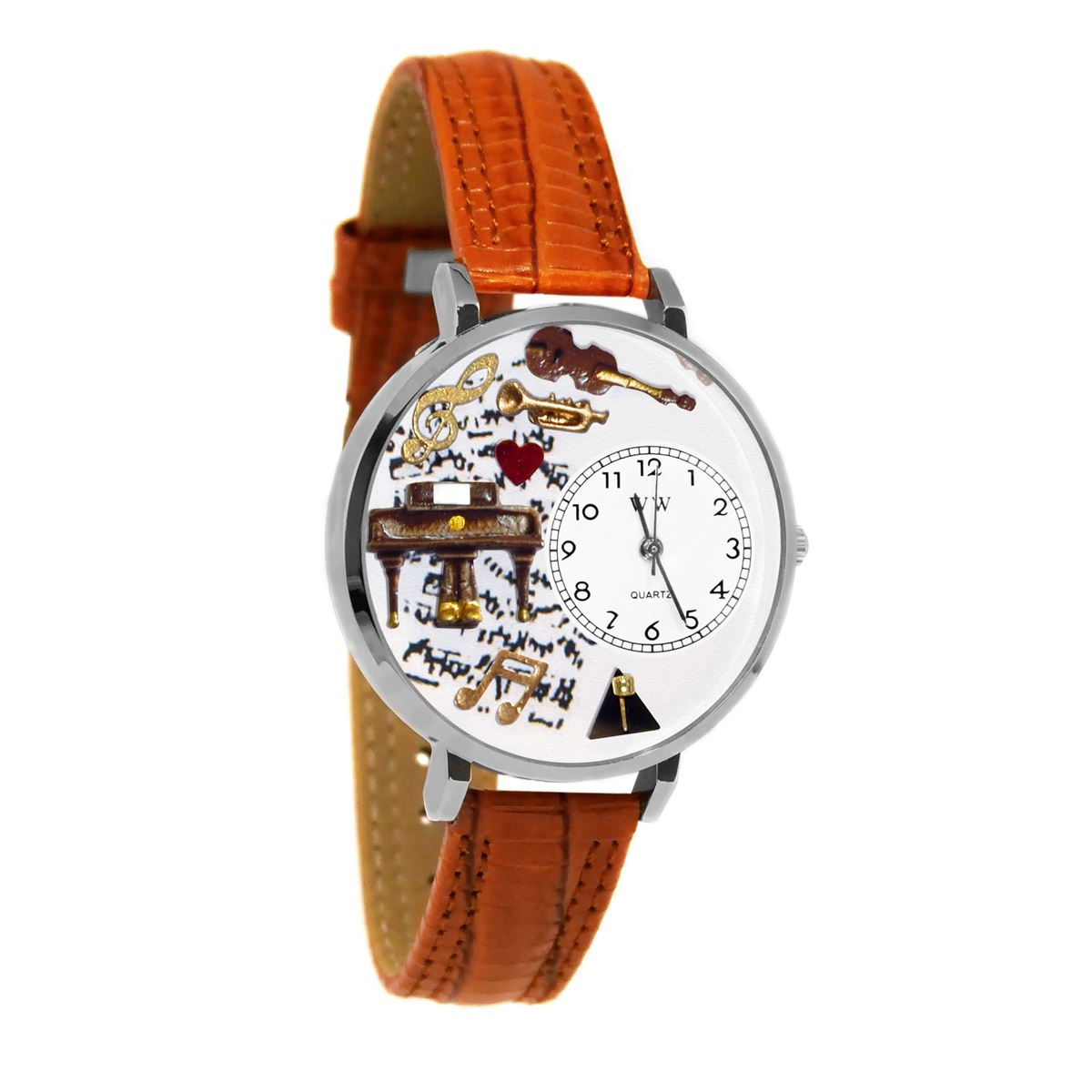 Whimsical Gifts | Music Piano 3D Watch Large Style | Handmade in USA | Hobbies & Special Interests | Music | Novelty Unique Fun Miniatures Gift | Silver Finish Tan Leather Watch Band
