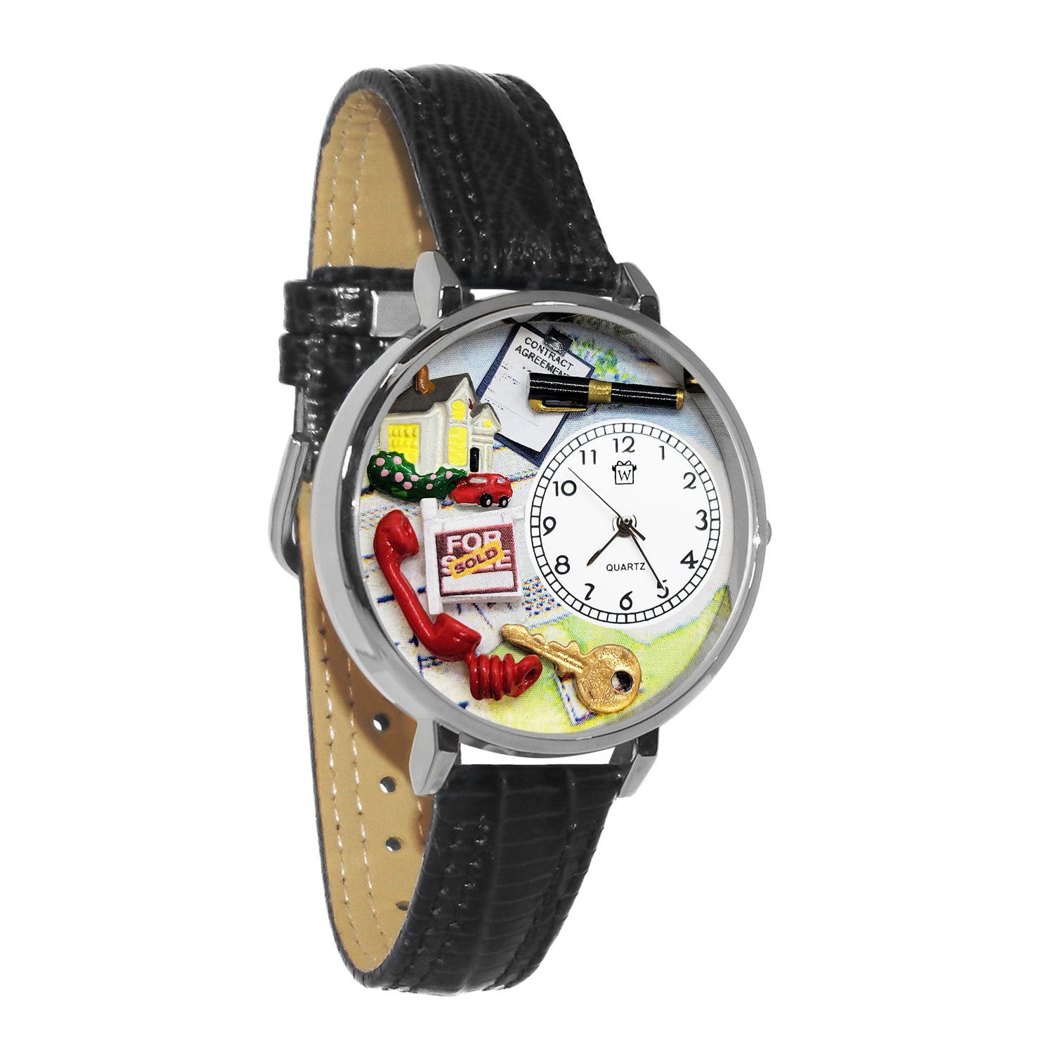 Whimsical Gifts | Realtor 3D Watch Large Style | Handmade in USA | Professions Themed | Business & Legal | Novelty Unique Fun Miniatures Gift | Silver Finish Black Leather Watch Band