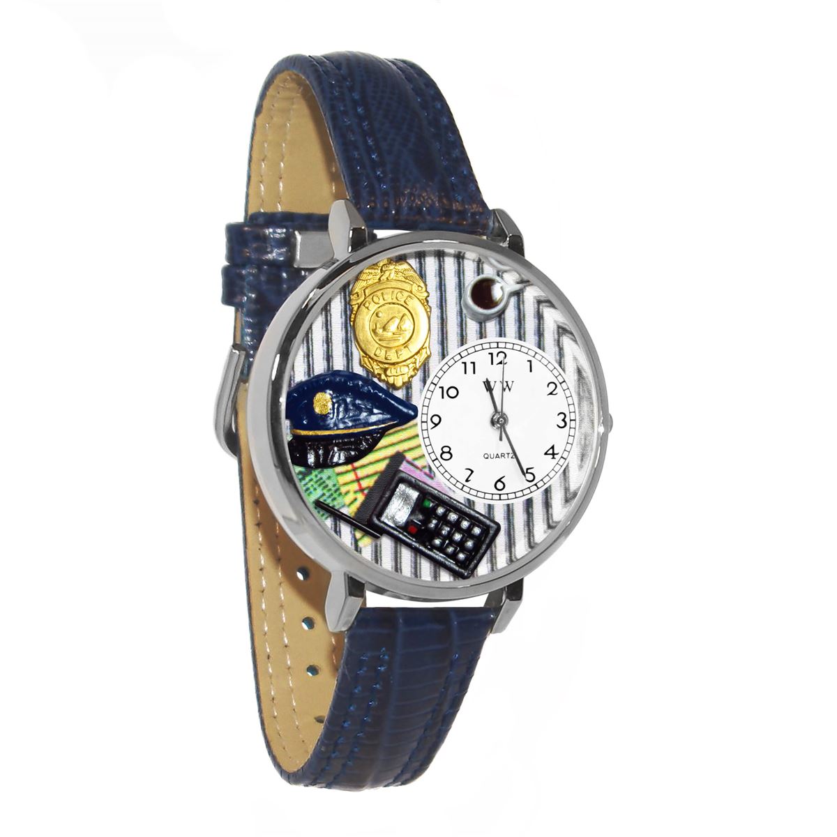 Whimsical Gifts | Policeman 3D Watch Large Style | Handmade in USA | Professions Themed | First Responders | Novelty Unique Fun Miniatures Gift | Silver Finish Navy Blue Leather Watch Band
