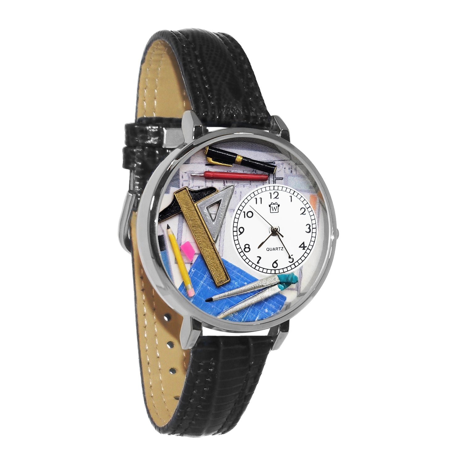Whimsical Gifts | Architect 3D Watch Large Style | Handmade in USA | Professions Themed | Business & Legal | Novelty Unique Fun Miniatures Gift | Silver Finish Black Leather Watch Band