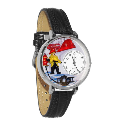 Whimsical Gifts | Firefighter 3D Watch Large Style | Handmade in USA | Professions Themed | First Responders | Novelty Unique Fun Miniatures Gift | Silver Finish Black Leather Watch Band