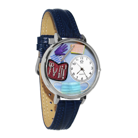 Whimsical Gifts | Medical Suture 3D Watch Large Style | Handmade in USA | Professions Themed | Medical Professions | Novelty Unique Fun Miniatures Gift | Silver Finish Navy Blue Leather Watch Band