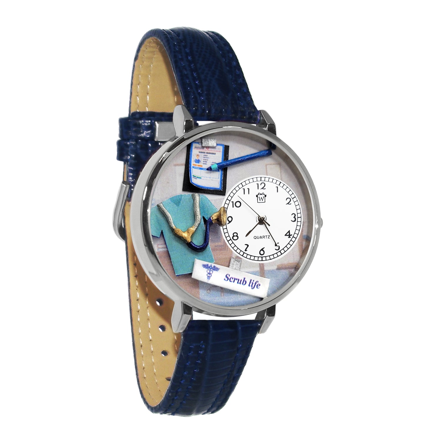 Whimsical Gifts | Scrub Life 3D Watch Large Style | Handmade in USA | Professions Themed | Medical Professions | Novelty Unique Fun Miniatures Gift | Gold Finish Navy Blue Leather Watch Band