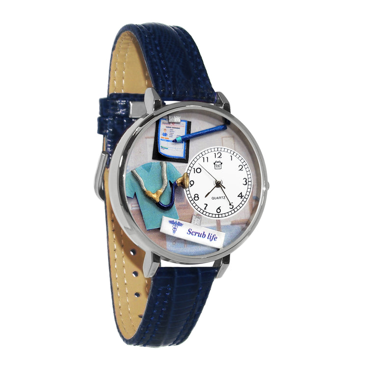 Whimsical Gifts | Scrub Life 3D Watch Large Style | Handmade in USA | Professions Themed | Medical Professions | Novelty Unique Fun Miniatures Gift | Gold Finish Navy Blue Leather Watch Band