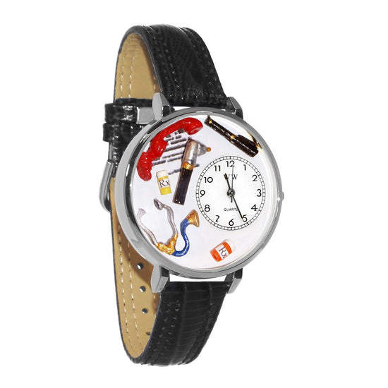 Whimsical Gifts | Doctor 3D Watch Large Style | Handmade in USA | Professions Themed | Medical Professions | Novelty Unique Fun Miniatures Gift | Silver Finish Black Leather Watch Band