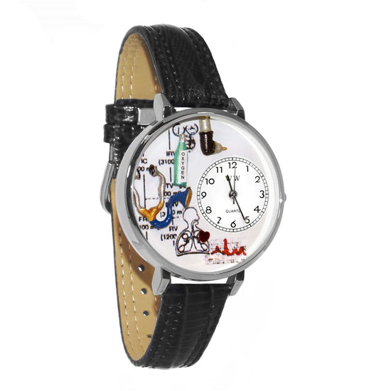 Whimsical Gifts | Respiratory Therapist 3D Watch Large Style | Handmade in USA | Professions Themed | Medical Professions | Novelty Unique Fun Miniatures Gift | Silver Finish Black Leather Watch Band