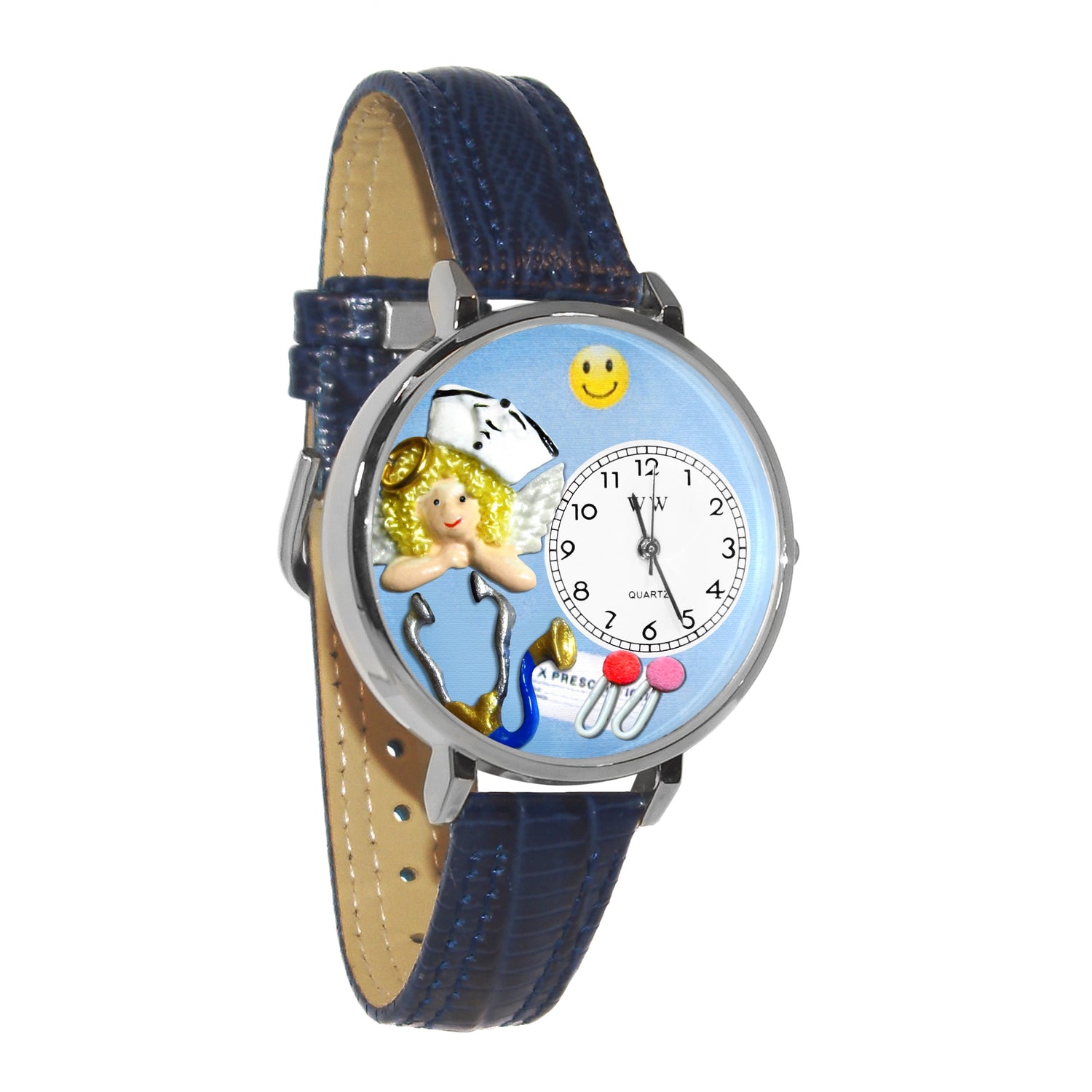 Whimsical Gifts | Nurse Angel 3D Watch Large Style | Handmade in USA | Professions Themed | Nurse | Novelty Unique Fun Miniatures Gift | Silver Finish Navy Blue Leather Watch Band