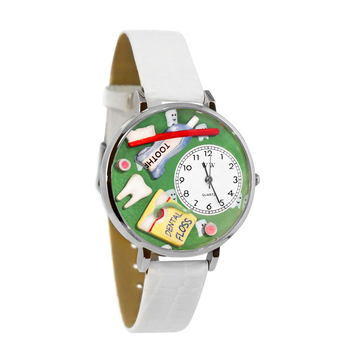 Whimsical Gifts | Dental Hygenist | Dentist 3D Watch Large Style | Handmade in USA | Professions Themed | Dental Professions | Novelty Unique Fun Miniatures Gift | Silver Finish White Leather Watch Band