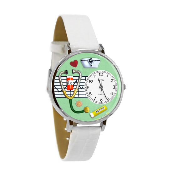 Whimsical Gifts | Nurse Green 3D Watch Large Style | Handmade in USA | Professions Themed | Nurse | Novelty Unique Fun Miniatures Gift | Silver Finish White Leather Watch Band