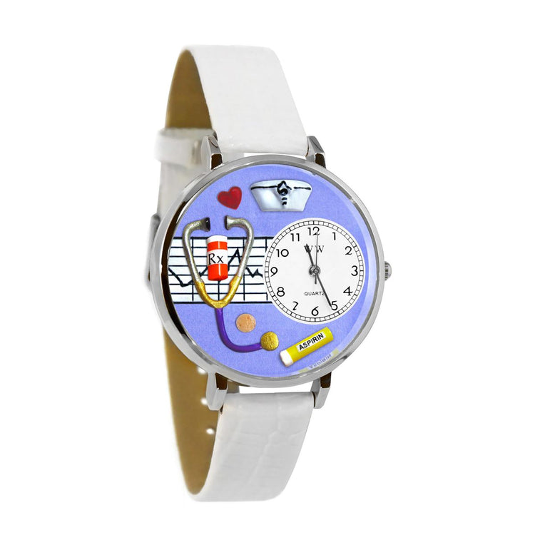 Whimsical Gifts | Nurse Purple 3D Watch Large Style | Handmade in USA | Professions Themed | Nurse | Novelty Unique Fun Miniatures Gift | Silver Finish White Leather Watch Band