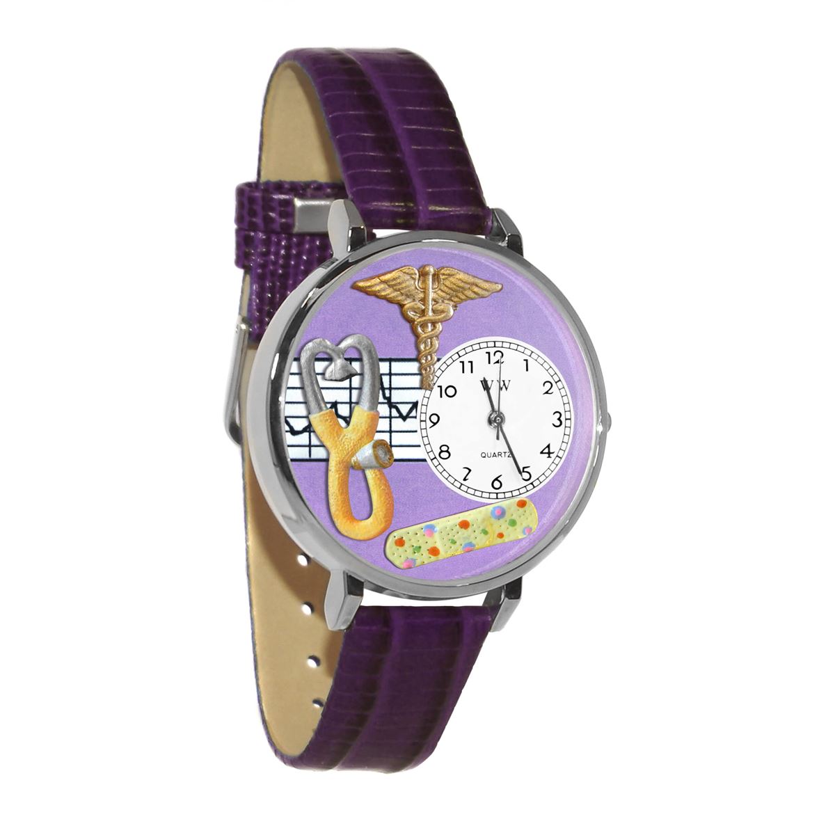 Whimsical Gifts | Nurse Stethoscope Purple 3D Watch Large Style | Handmade in USA | Professions Themed | Nurse | Novelty Unique Fun Miniatures Gift | Silver Finish Purple Leather Watch Band