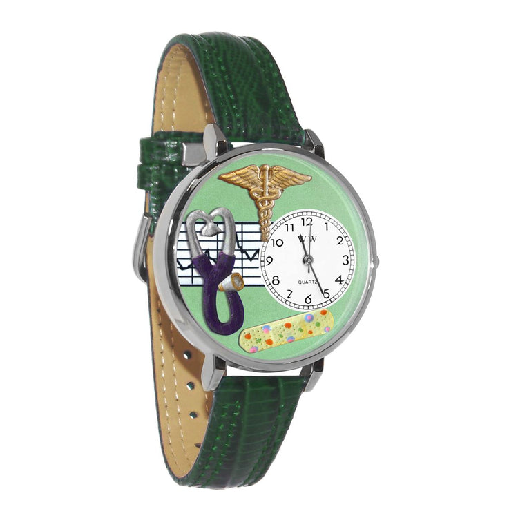 Whimsical Gifts | Nurse Stethoscope Green 3D Watch Large Style | Handmade in USA | Professions Themed | Nurse | Novelty Unique Fun Miniatures Gift | Silver Finish Green Leather Watch Band