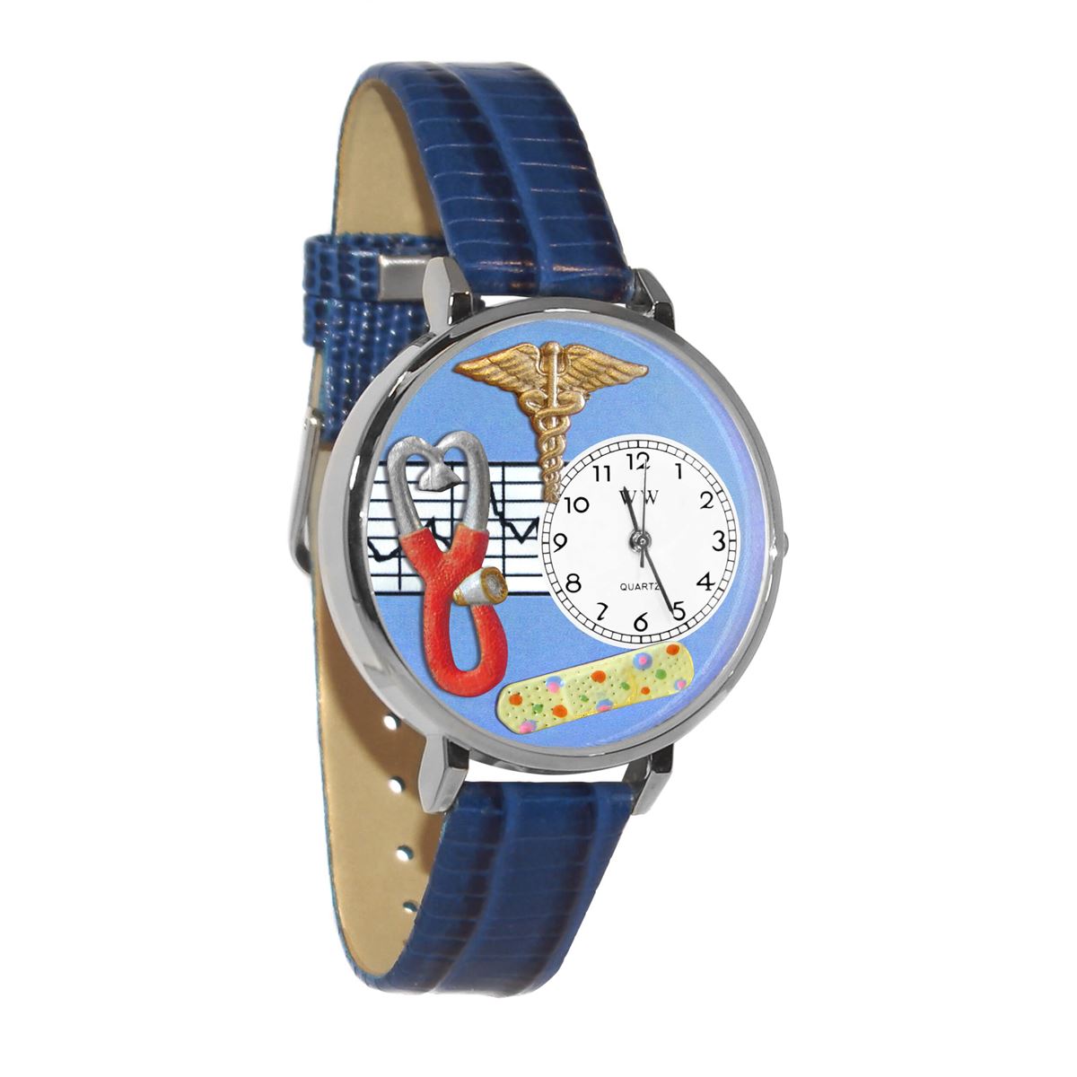 Whimsical Gifts | Nurse Stethoscope Blue 3D Watch Large Style | Handmade in USA | Professions Themed | Nurse | Novelty Unique Fun Miniatures Gift | Silver Finish Royal Blue Leather Watch Band