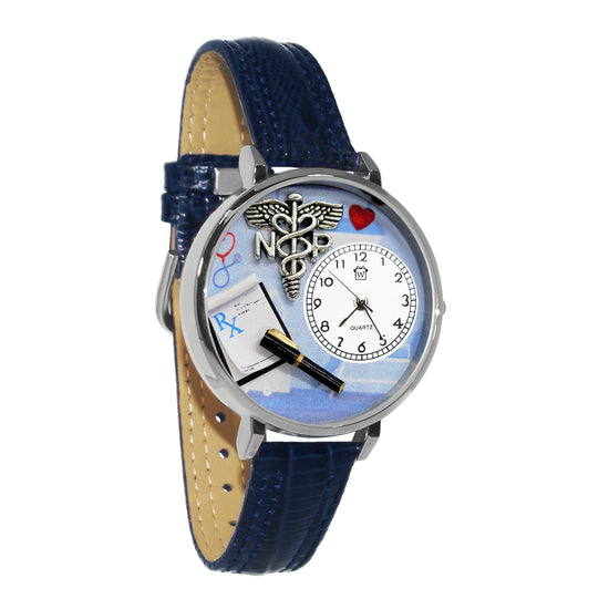 Whimsical Gifts | Nurse Practitioner 3D Watch Large Style | Handmade in USA | Professions Themed | Nurse | Novelty Unique Fun Miniatures Gift | Silver Finish Navy Blue Leather Watch Band