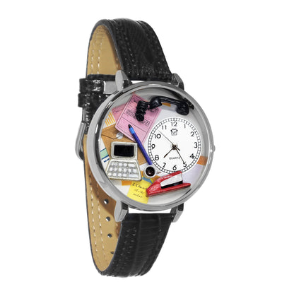 Whimsical Gifts | Administrative Professional 3D Watch Large Style | Handmade in USA | Professions Themed | Business & Legal | Novelty Unique Fun Miniatures Gift | Silver Finish Black Leather Watch Band