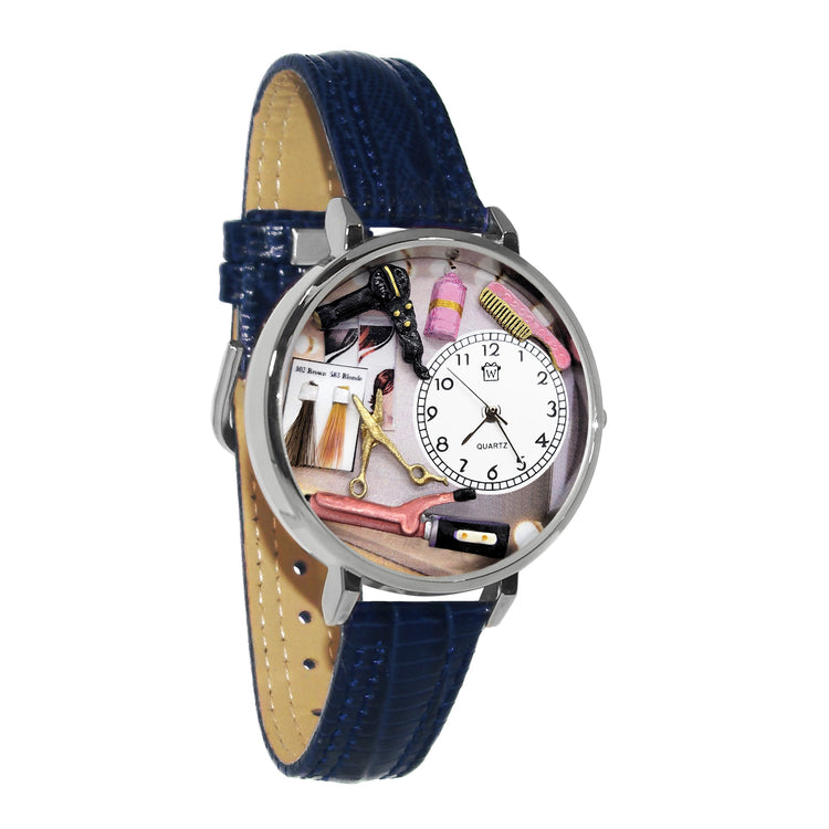 Whimsical Gifts | Hair Stylist 3D Watch Large Style | Handmade in USA | Professions Themed | Salon & Spa Professions | Novelty Unique Fun Miniatures Gift | Silver Finish Navy Blue Leather Watch Band