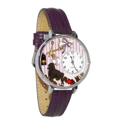 Whimsical Gifts | Dog Groomer 3D Watch Large Style | Handmade in USA | Professions Themed | Pet & Animal Professions | Novelty Unique Fun Miniatures Gift | Silver Finish Purple Leather Watch Band