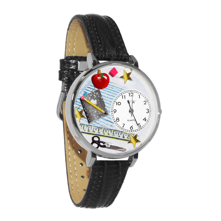 Whimsical Gifts | Teacher Classic 3D Watch Large Style | Handmade in USA | Professions Themed | Teacher | Novelty Unique Fun Miniatures Gift | Silver Finish Black Leather Watch Band