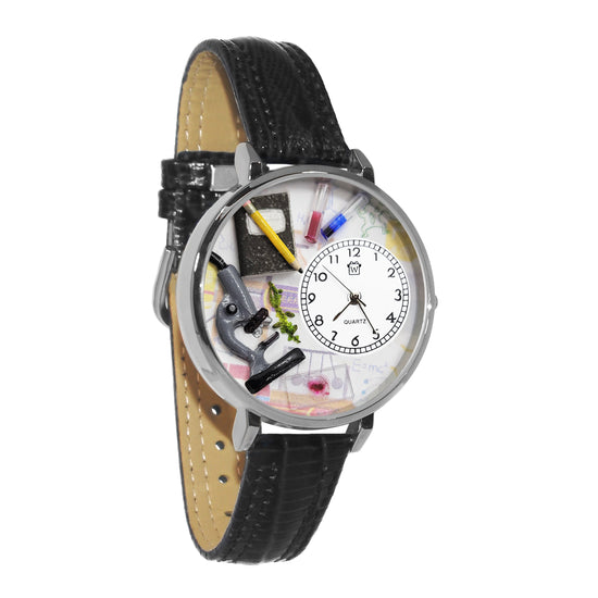 Whimsical Gifts | Science Teacher 3D Watch Large Style | Handmade in USA | Professions Themed | Teacher | Novelty Unique Fun Miniatures Gift | Silver Finish Black Leather Watch Band