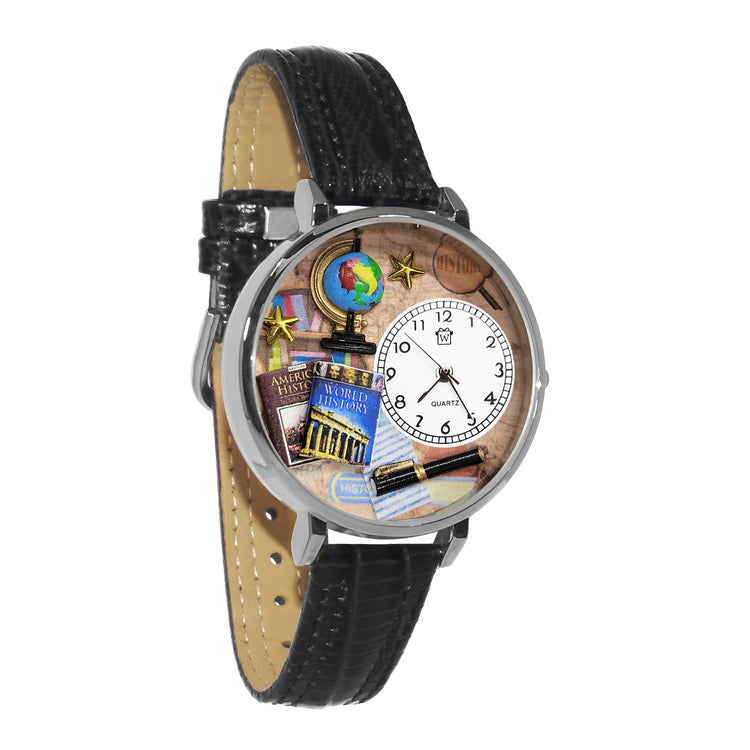 Whimsical Gifts | History Teacher 3D Watch Large Style | Handmade in USA | Professions Themed | Teacher | Novelty Unique Fun Miniatures Gift | Silver Finish Black Leather Watch Band
