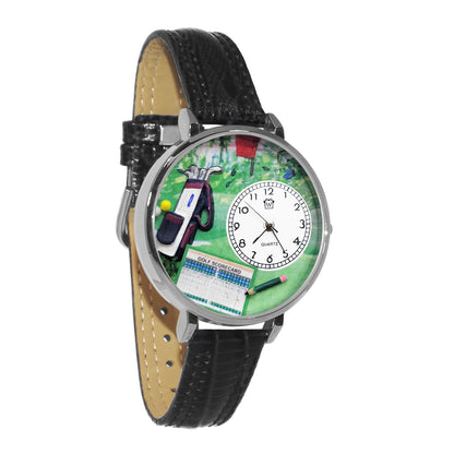 Whimsical Gifts | Golf Bag 3D Watch Large Style | Handmade in USA | Hobbies & Special Interests | Sports | Novelty Unique Fun Miniatures Gift | Silver Finish Black Leather Watch Band