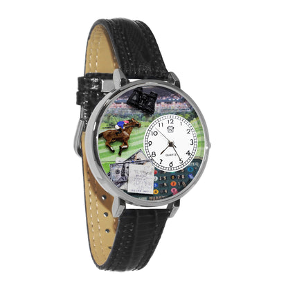 Whimsical Gifts | Horse Racing 3D Watch Large Style | Handmade in USA | Hobbies & Special Interests | Casino | Gaming | Game Night | Novelty Unique Fun Miniatures Gift | Silver Finish Black Leather Watch Band