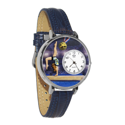 Whimsical Gifts | Gymnastics 3D Watch Large Style | Handmade in USA | Hobbies & Special Interests | Sports | Novelty Unique Fun Miniatures Gift | Silver Finish Navy Blue Leather Watch Band