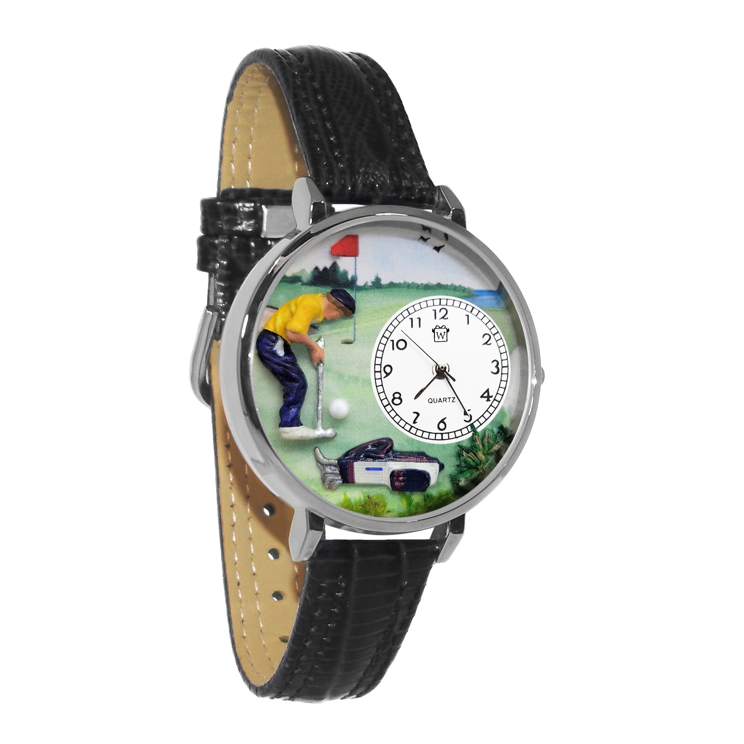 Whimsical Gifts | Golfer Male 3D Watch Large Style | Handmade in USA | Hobbies & Special Interests | Sports | Novelty Unique Fun Miniatures Gift | Silver Finish Black Leather Watch Band