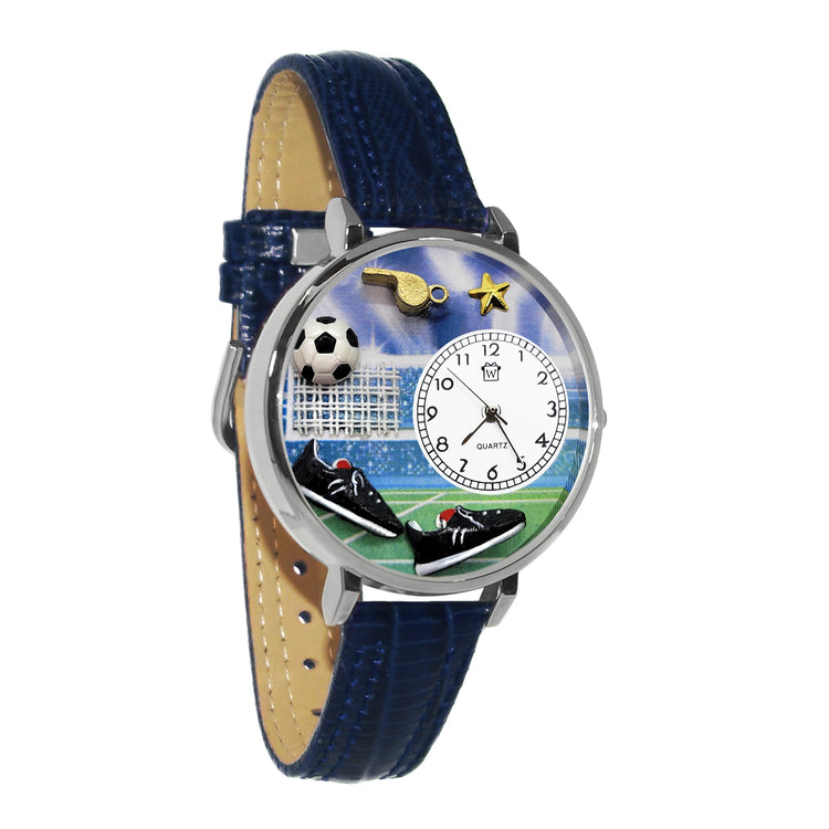 Whimsical Gifts | Soccer 3D Watch Large Style | Handmade in USA | Hobbies & Special Interests | Sports | Novelty Unique Fun Miniatures Gift | Silver Finish Navy Blue Leather Watch Band