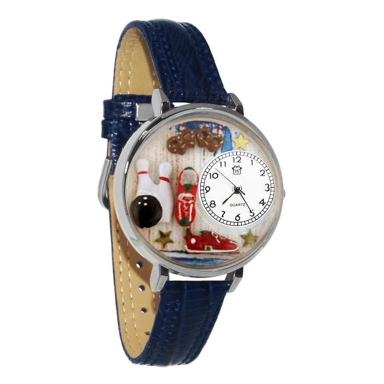 Whimsical Gifts | Bowling 3D Watch Large Style | Handmade in USA | Hobbies & Special Interests | Sports | Novelty Unique Fun Miniatures Gift | Silver Finish Blue Leather Watch Band