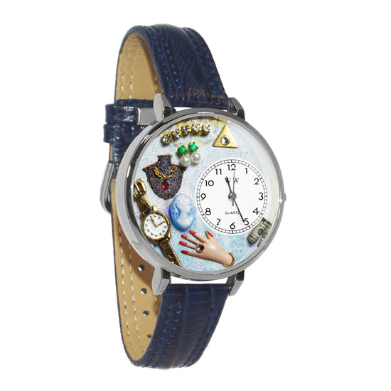 Whimsical Gifts | Jewelry Lover Blue 3D Watch Large Style | Handmade in USA | Hobbies & Special Interests | Fashionista | Novelty Unique Fun Miniatures Gift | Silver Finish Blue Leather Watch Band
