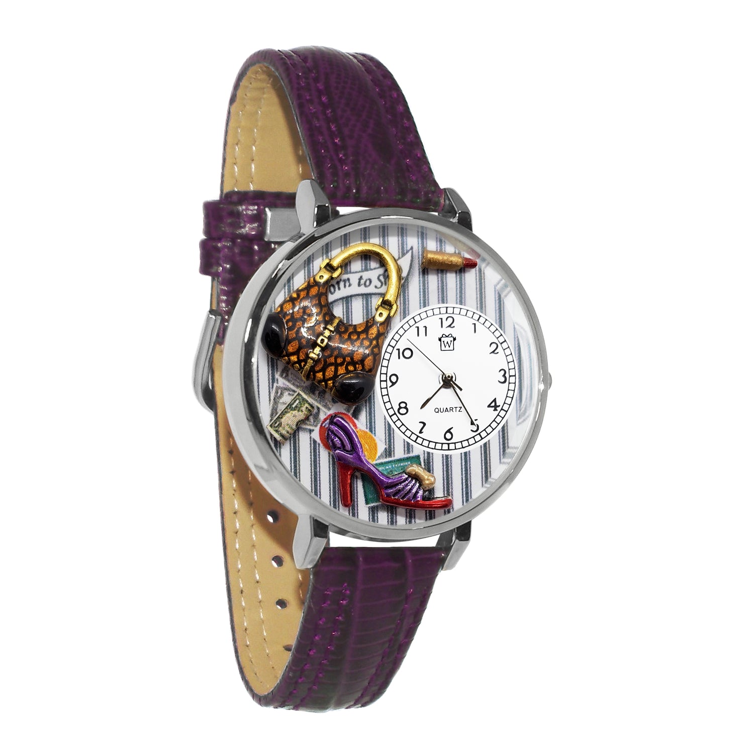 Whimsical Gifts | Fashionista New 3D Watch Large Style | Handmade in USA | Hobbies & Special Interests | Fashionista | Novelty Unique Fun Miniatures Gift | Silver Finish Purple Leather Watch Band