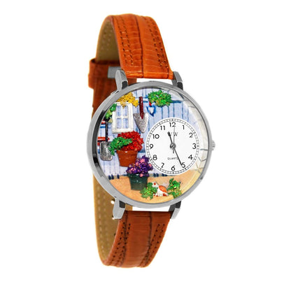 Whimsical Gifts | Gardening 3D Watch Large Style | Handmade in USA | Hobbies & Special Interests | Outdoor Hobbies | Novelty Unique Fun Miniatures Gift | Silver Finish Tan Leather Watch Band