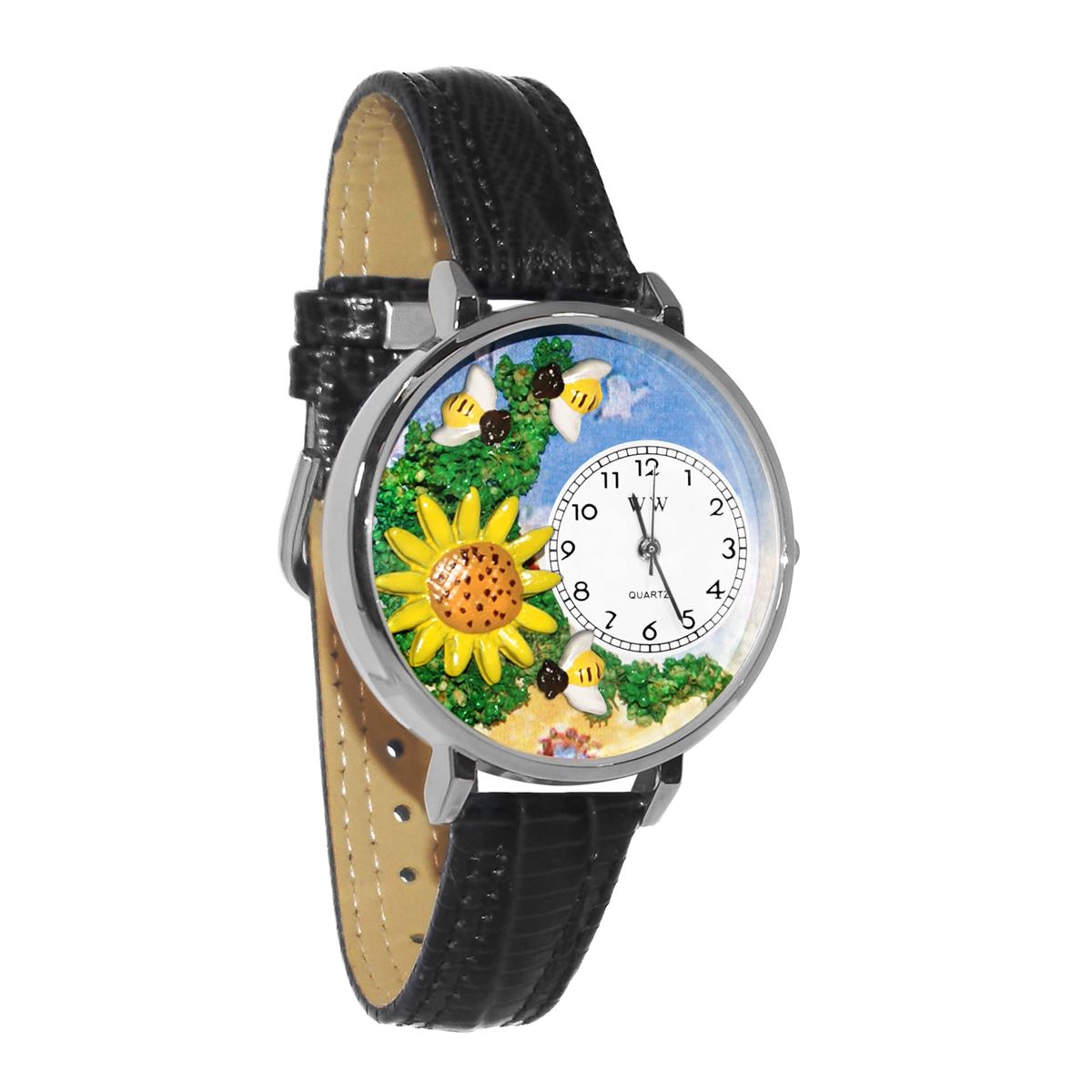 Whimsical Gifts | Sunflower 3D Watch Large Style | Handmade in USA | Holiday & Seasonal Themed | Spring & Summer Fun | Novelty Unique Fun Miniatures Gift | Silver Finish Black Leather Watch Band