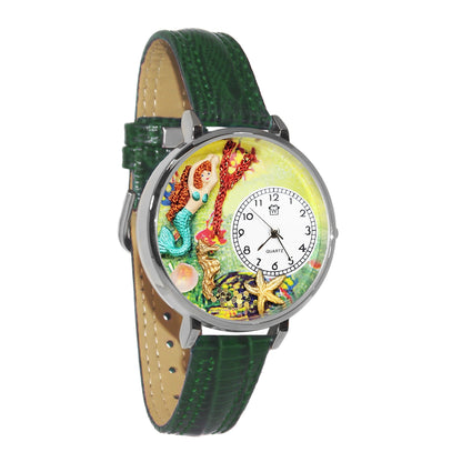 Whimsical Gifts | Mermaid 3D Watch Large Style | Handmade in USA | Fantasy & Mystical |  | Novelty Unique Fun Miniatures Gift | Silver Finish Green Leather Watch Band