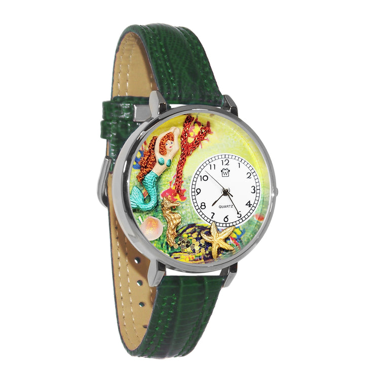Whimsical Gifts | Mermaid 3D Watch Large Style | Handmade in USA | Fantasy & Mystical |  | Novelty Unique Fun Miniatures Gift | Silver Finish Green Leather Watch Band