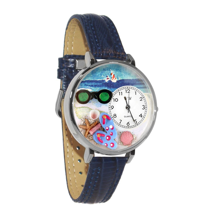Whimsical Gifts | Flip-flops 3D Watch Large Style | Handmade in USA | Holiday & Seasonal Themed | Spring & Summer Fun | Novelty Unique Fun Miniatures Gift | Silver Finish Navy Blue Leather Watch Band