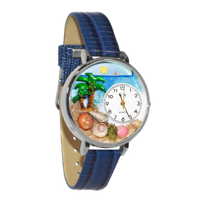 Whimsical Gifts | Palm Tree 3D Watch Large Style | Handmade in USA | Holiday & Seasonal Themed | Spring & Summer Fun | Novelty Unique Fun Miniatures Gift | Silver Finish Royal Blue Leather Watch Band