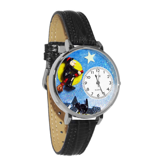 Whimsical Gifts | Flying Witch 3D Watch Large Style | Handmade in USA | Holiday & Seasonal Themed | Halloween | Novelty Unique Fun Miniatures Gift | Silver Finish Black Leather Watch Band