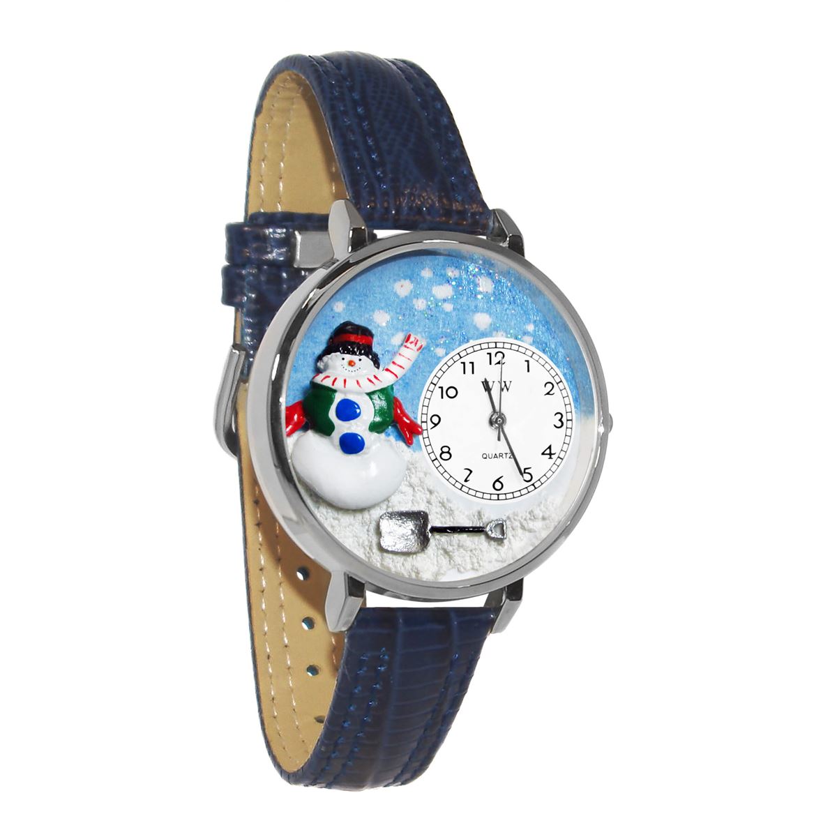 Whimsical Gifts | Snowman 3D Watch Large Style | Handmade in USA | Holiday & Seasonal Themed | Fall & Winter | Novelty Unique Fun Miniatures Gift | Silver Finish Blue Leather Watch Band