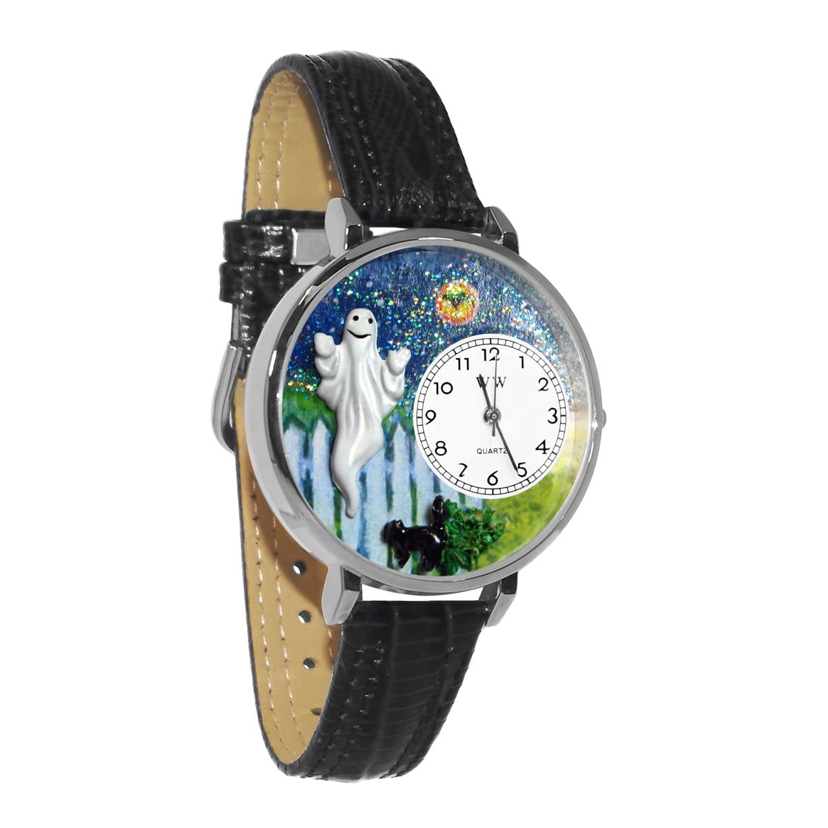 Whimsical Gifts | Halloween Ghost 3D Watch Large Style | Handmade in USA | Holiday & Seasonal Themed | Halloween | Novelty Unique Fun Miniatures Gift | Silver Finish Black Leather Watch Band