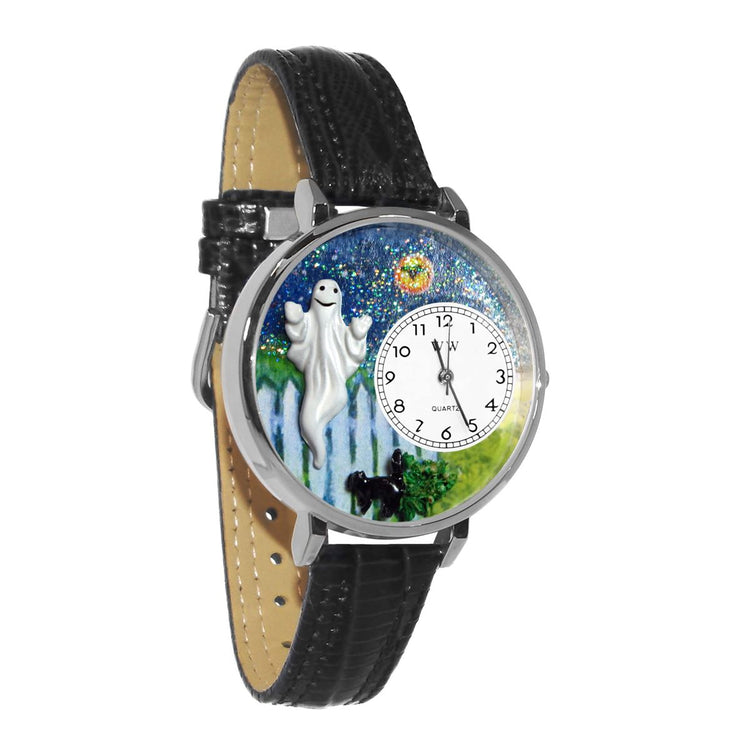 Whimsical Gifts | Halloween Ghost 3D Watch Large Style | Handmade in USA | Holiday & Seasonal Themed | Halloween | Novelty Unique Fun Miniatures Gift | Silver Finish Black Leather Watch Band
