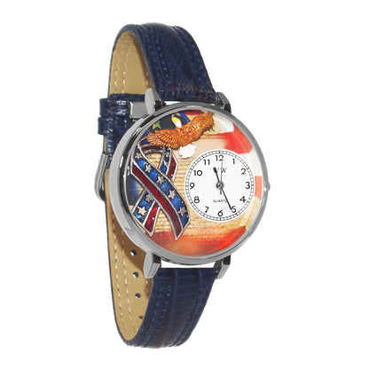 Whimsical Gifts | American Patriotic Stars and Stripes 3D Watch Large Style | Handmade in USA | Patriotic |  | Novelty Unique Fun Miniatures Gift | Silver Finish Navy Blue Leather Watch Band