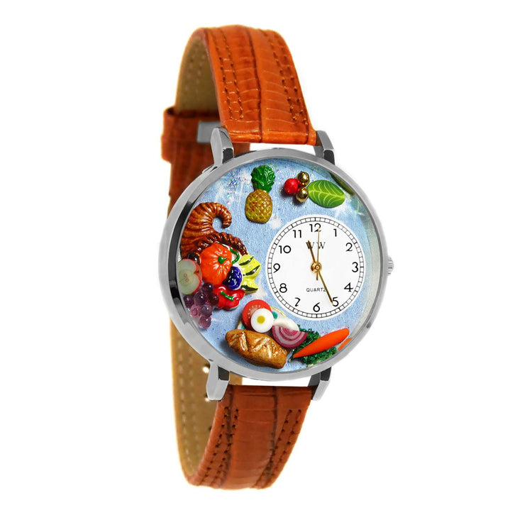 Whimsical Gifts | Holiday Feast 3D Watch Large Style | Handmade in USA | Holiday & Seasonal Themed | Fall & Winter | Novelty Unique Fun Miniatures Gift | Silver Finish Tan Leather Watch Band