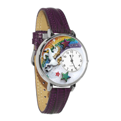 Whimsical Gifts | Unicorn 3D Watch Large Style | Handmade in USA | Fantasy & Mystical |  | Novelty Unique Fun Miniatures Gift | Silver Finish Purple Leather Watch Band