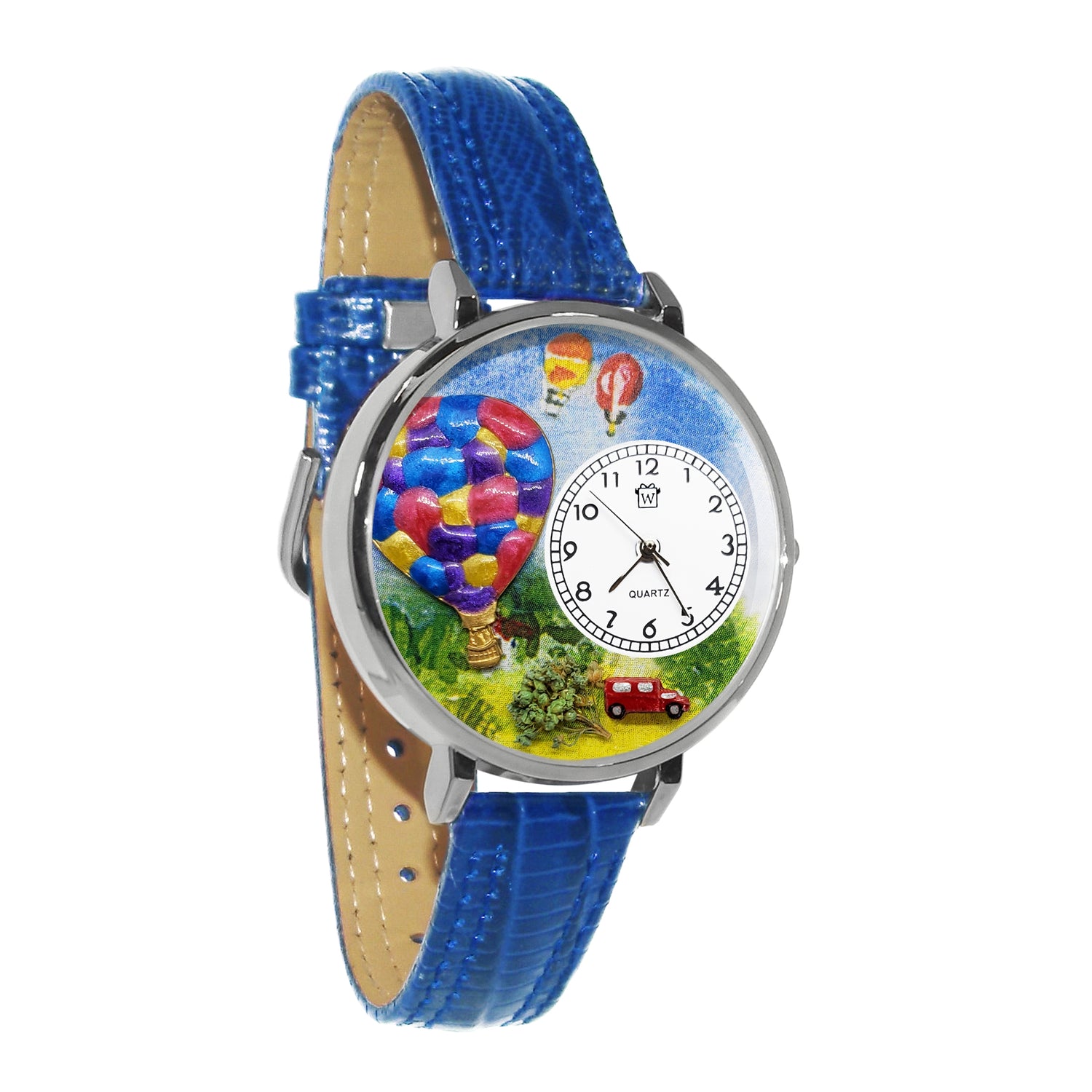 Whimsical Gifts | Hot Air Balloons 3D Watch Large Style | Handmade in USA | Hobbies & Special Interests | Outdoor Hobbies | Novelty Unique Fun Miniatures Gift | Silver Finish Royal Blue Leather Watch Band
