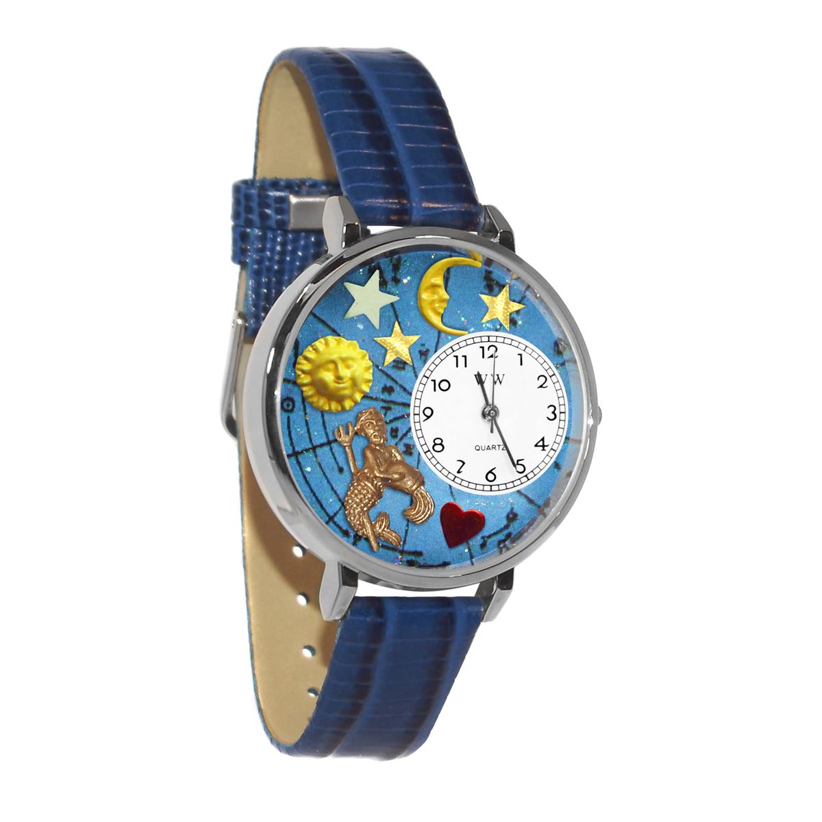 Whimsical Gifts | Aquarius Zodiac 3D Watch Large Style | Handmade in USA | Zodiac & Celestial |  | Novelty Unique Fun Miniatures Gift | Silver Finish Royal Blue Leather Watch Band